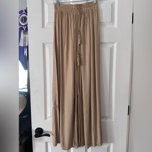 Wide Leg Drawstring Palazzo Pants - Taupe